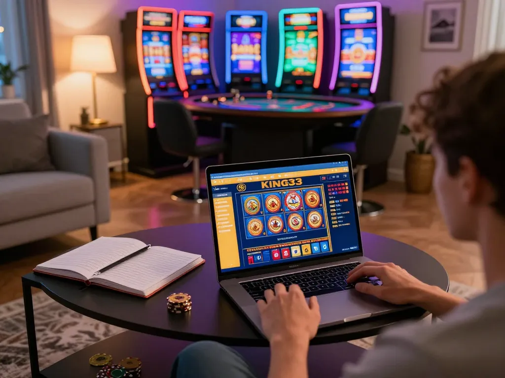Engaging in strategic gaming on king33 at home with laptop and cozy atmosphere