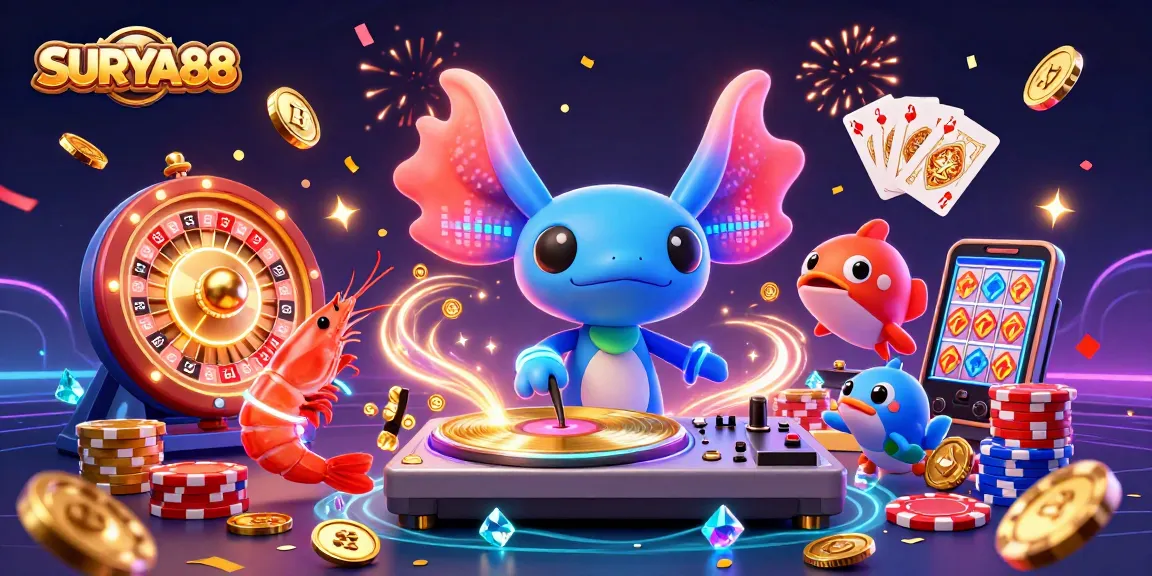 SURYA88 engages players with a vibrant underwater casino atmosphere featuring a neon axolotl DJ and lively aquatic characters.