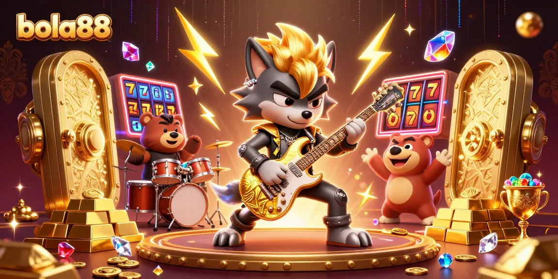 Bola88 captivates gamers with a vibrant scene of a rock star wolf playing amidst dazzling casino treasures.