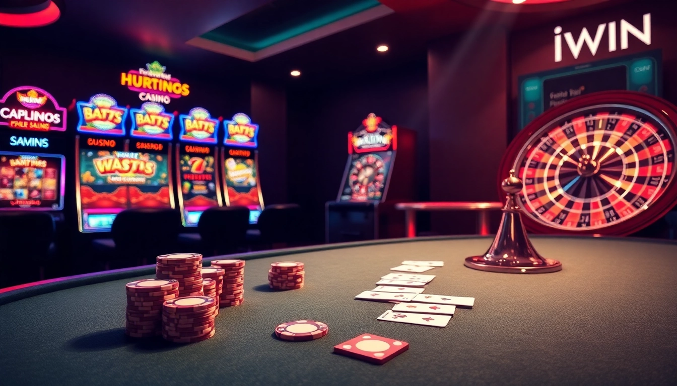 IWIN online gaming experience showcasing poker, slots, and roulette in a luxurious casino setting.