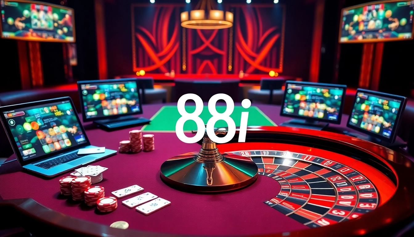 Experience the excitement of casino gaming with 88i's vibrant poker chips and roulette wheel.
