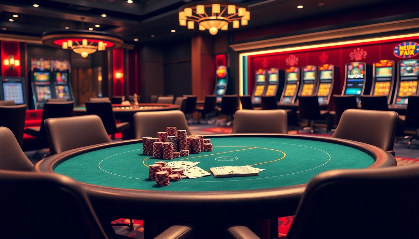 Exciting poker game setup at nohu90 casino featuring vibrant chips and cards.