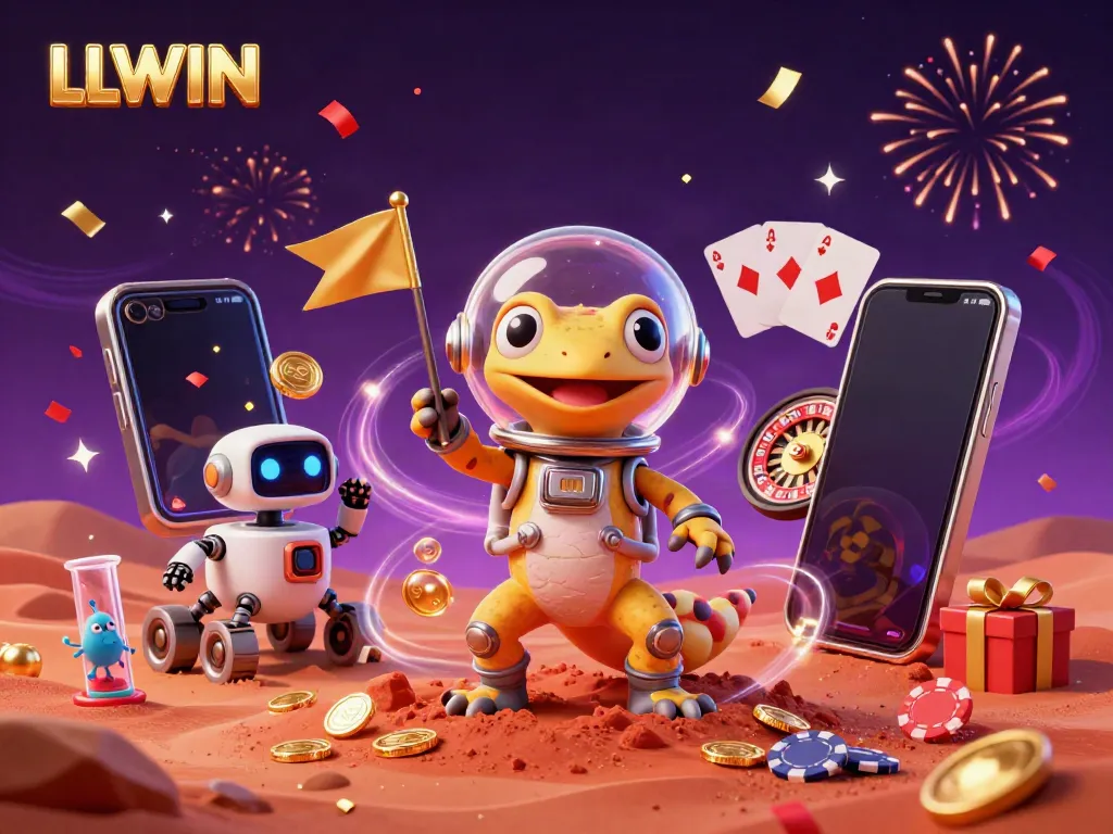 Experience LLWIN's thrilling gaming adventure with a Martian gecko at a golden casino.