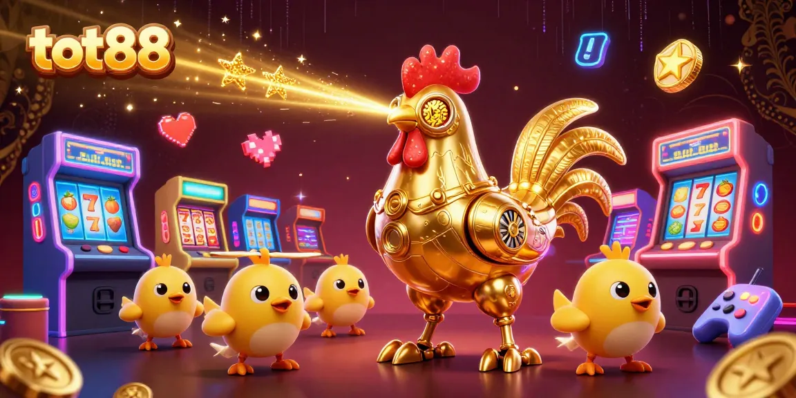 Experience the thrilling world of tot88 with a golden rooster robot amidst vibrant casino elements.
