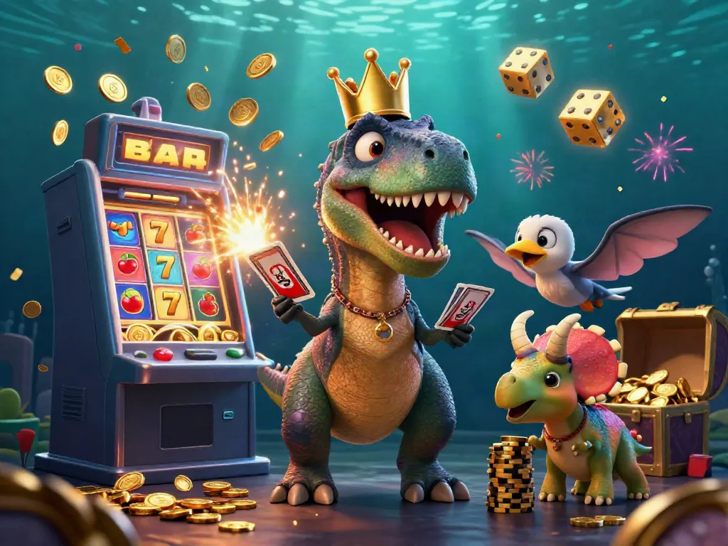 Pemain Slot beruntung dengan jackpot emas dari mesin, dikelilingi karakter kartun lucu.