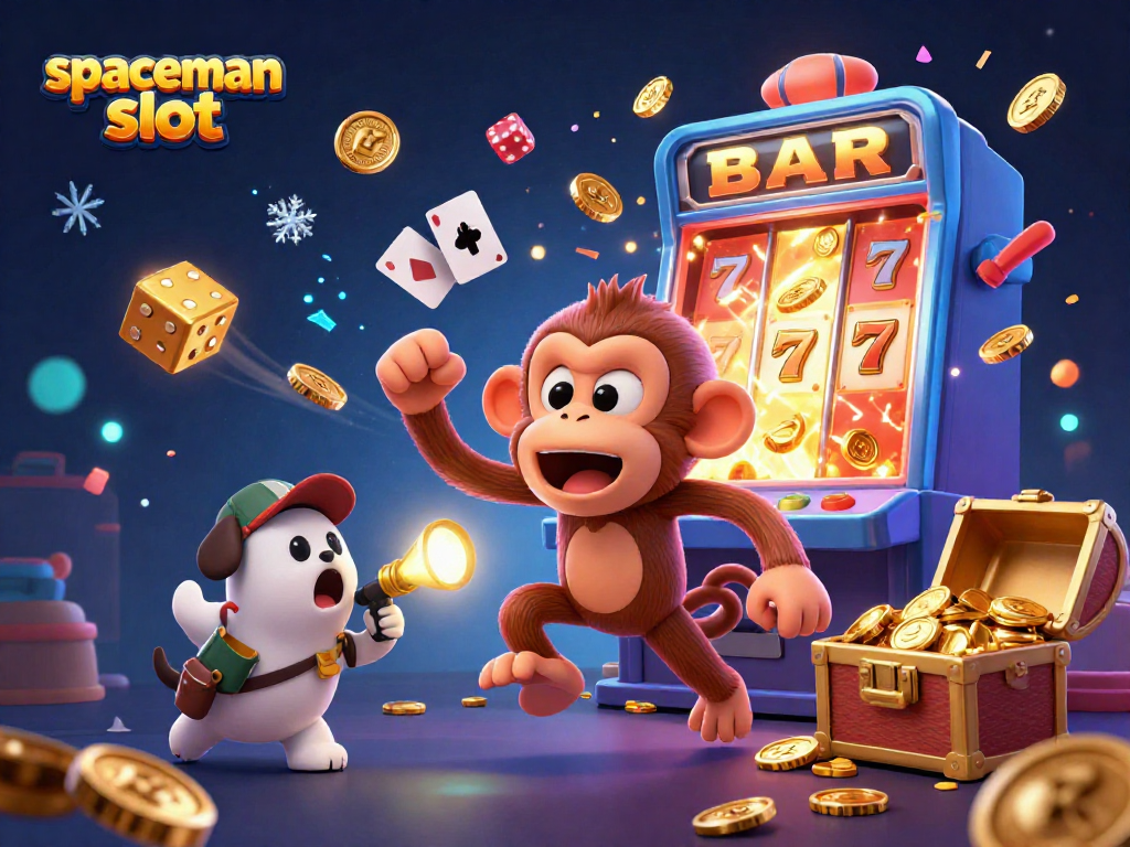 Experience the excitement of the spaceman slot in this vivid casino scene featuring a playful monkey and a curious puppy.