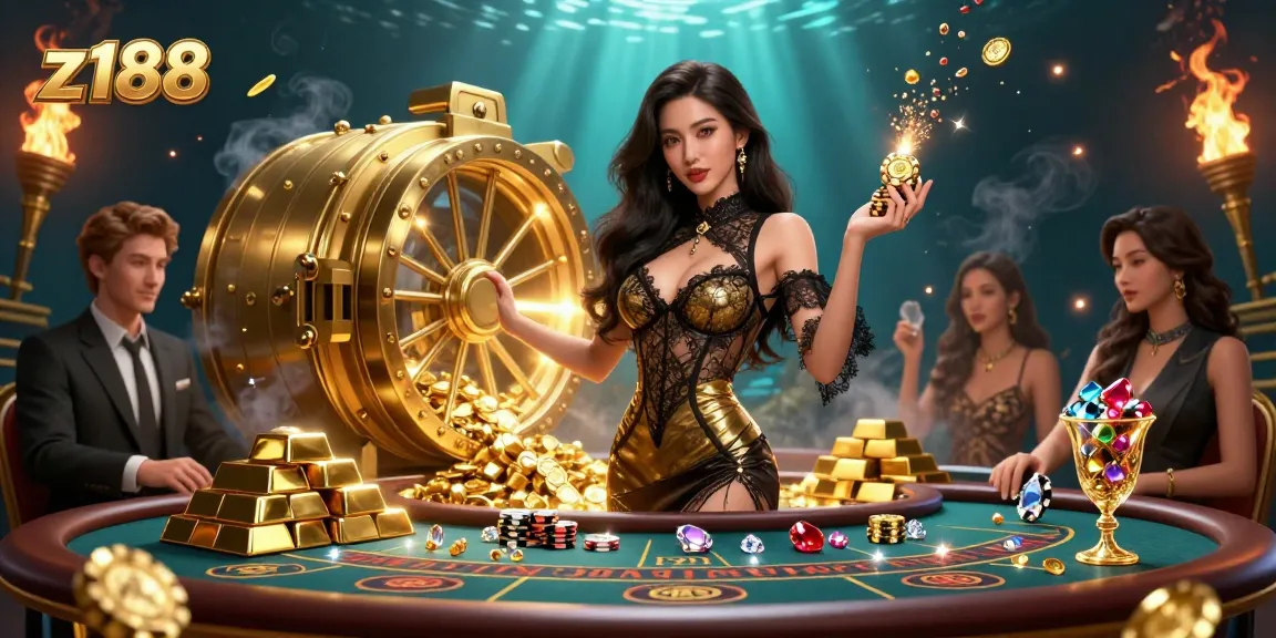 Z188 casino scene showcasing a beautiful Asian woman at a VIP baccarat table with golden chips, inviting players to high-stakes gaming.
