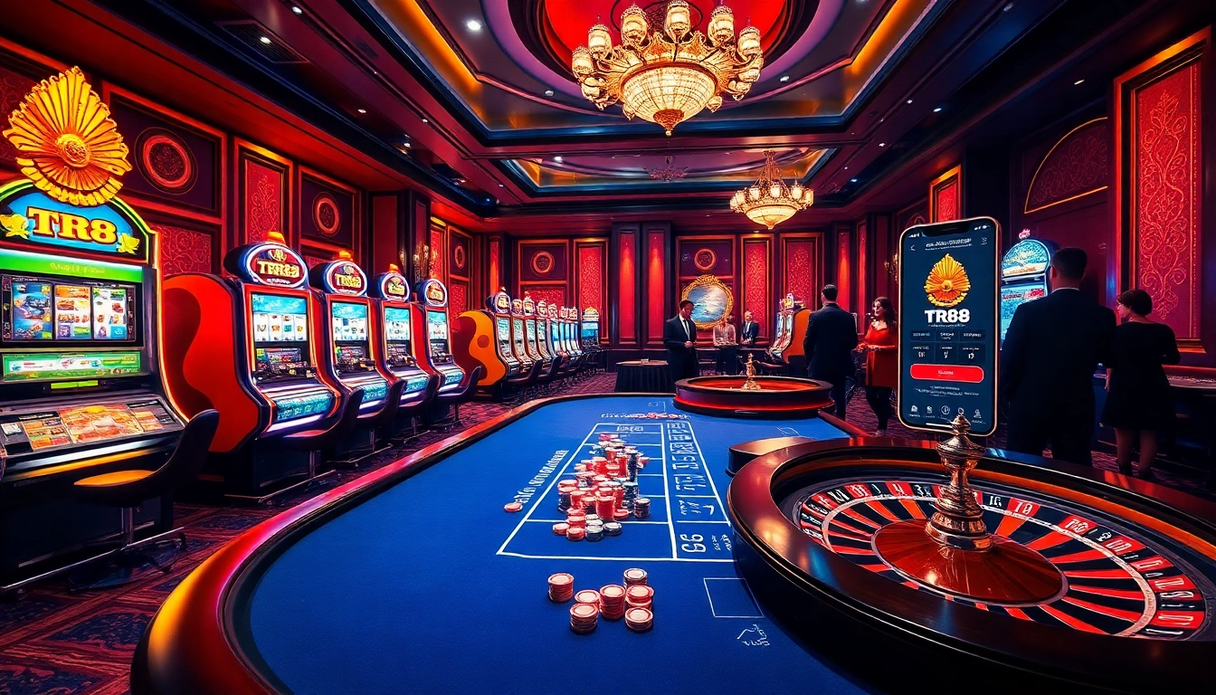 Exciting TR88 casino gaming scene with slot machines, poker chips, and roulette wheels.