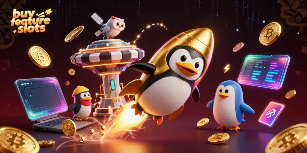 Experience buy feature slots with our dynamic 3D casino illustration, featuring a golden penguin and vibrant crypto elements.