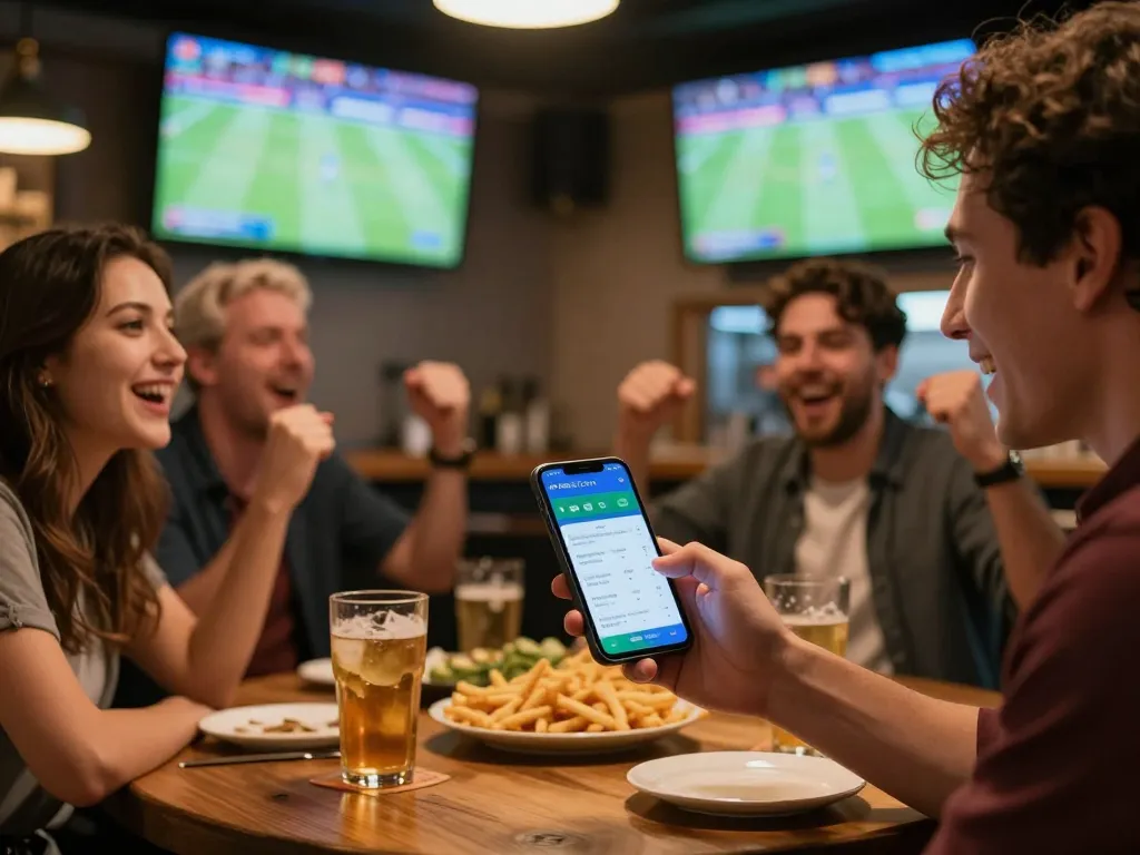 Engaging sports bettor using kebet com app at lively bar watching live games, thrilling atmosphere.