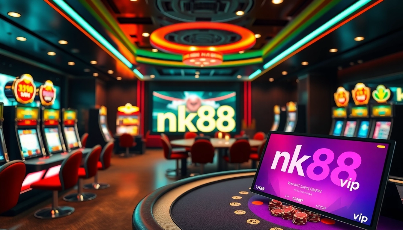 Engaging scene showcasing nk88 vip with vibrant casino elements including poker chips and slot machines.