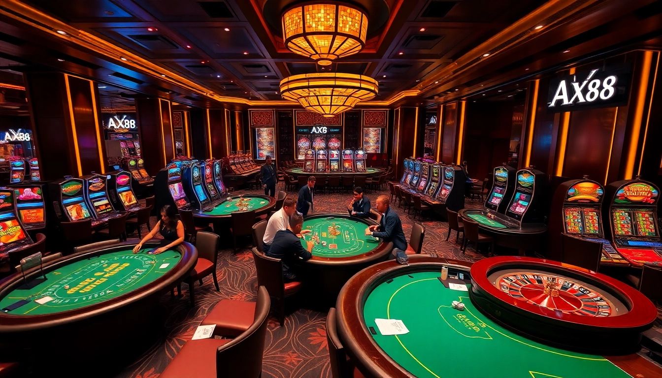 Exciting gaming atmosphere at AX88 featuring casino tables and vivid slot machines.