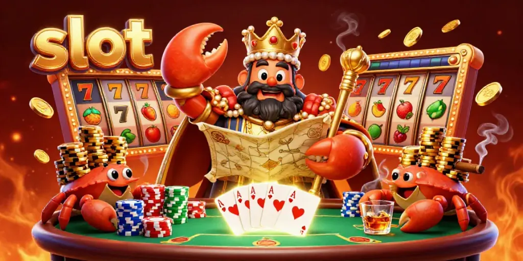 Spin the slot reels with a golden crab emperor surrounded by treasures and vibrant casino elements.