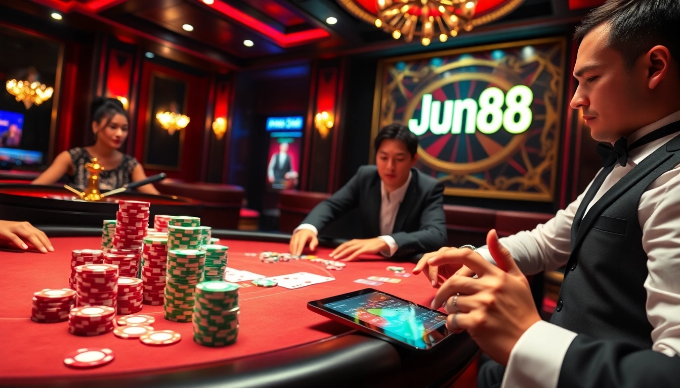 Experience thrilling gameplay at Jun88 casino with vibrant poker tables and live action.