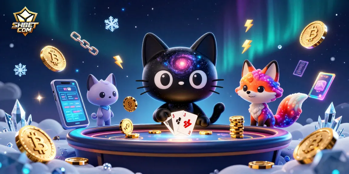 Engage with SHBET COM at the cosmic casino table, where an enchanting black hole cat attracts golden chips and cards.