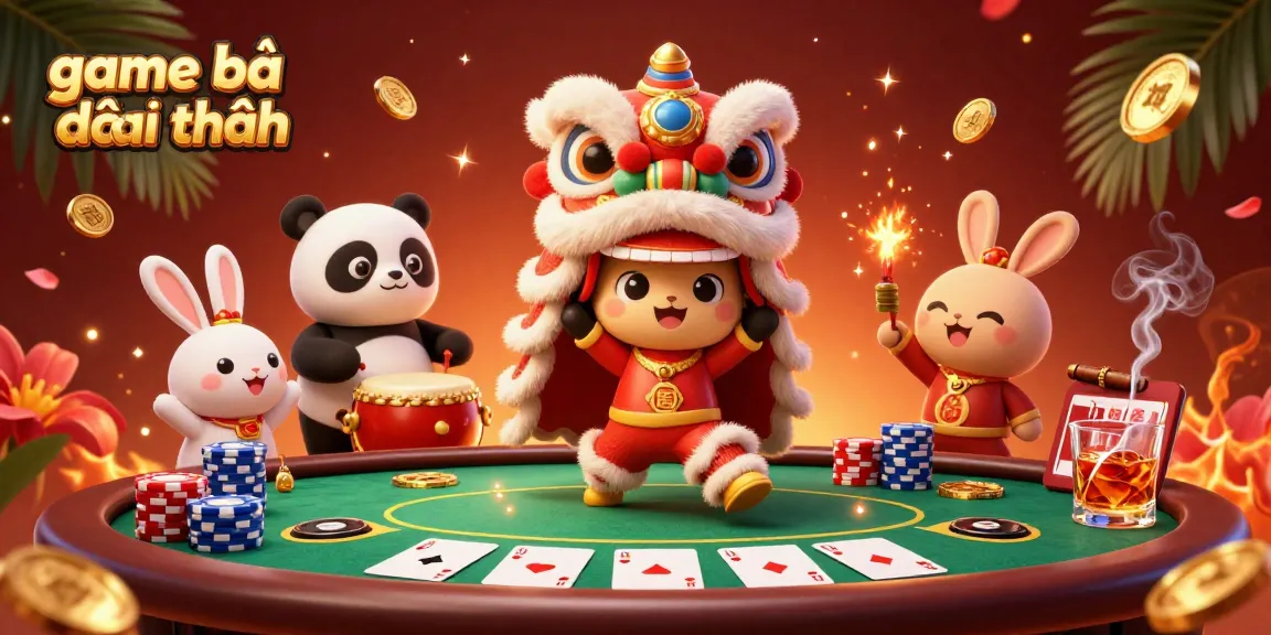 Engage in game bài đổi thưởng with a lively scene of a lion dance, poker elements, and festive decorations.