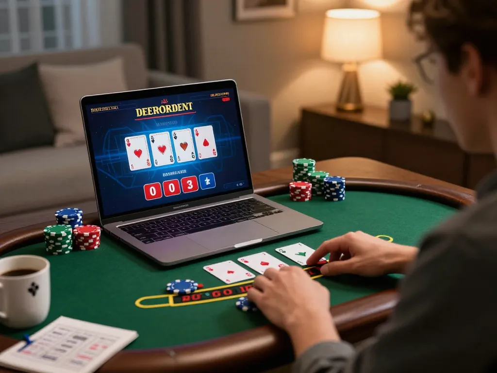 Kuwin player participating in a live dealer blackjack game, showcasing responsible gaming practices in a cozy home environment