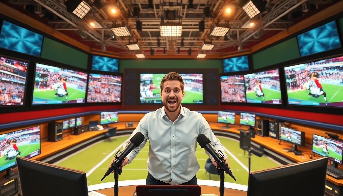 Sports Broadcasting anchor delivering news in a vibrant studio setting.
