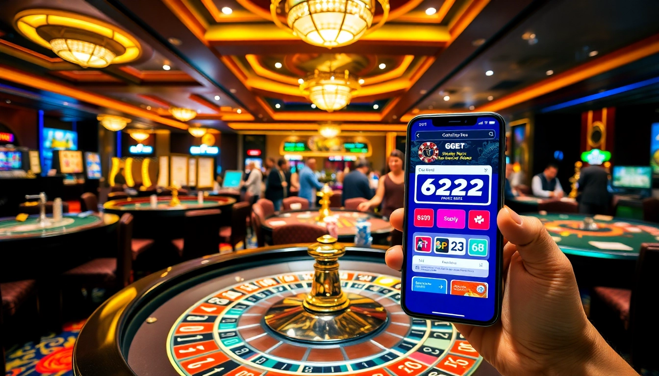 Excited players enjoying various games at a casino with 622BET prominently featured through a mobile app.