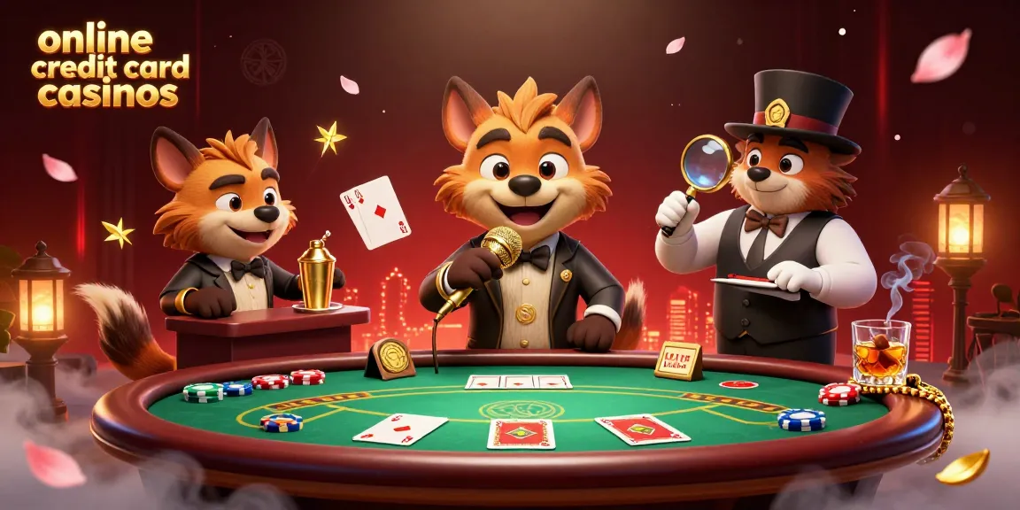 Experience the excitement of online credit card casinos with a lively casino scene featuring hyenas, poker elements, and vibrant visuals.