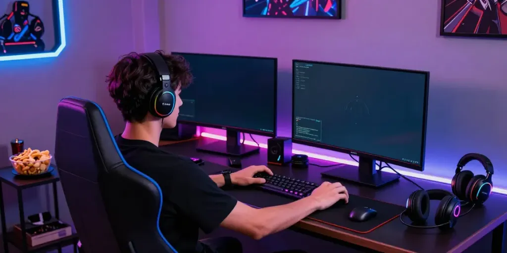 Gamer engaged in thrilling gameplay on A80 Casino platform in vibrant gaming setup.