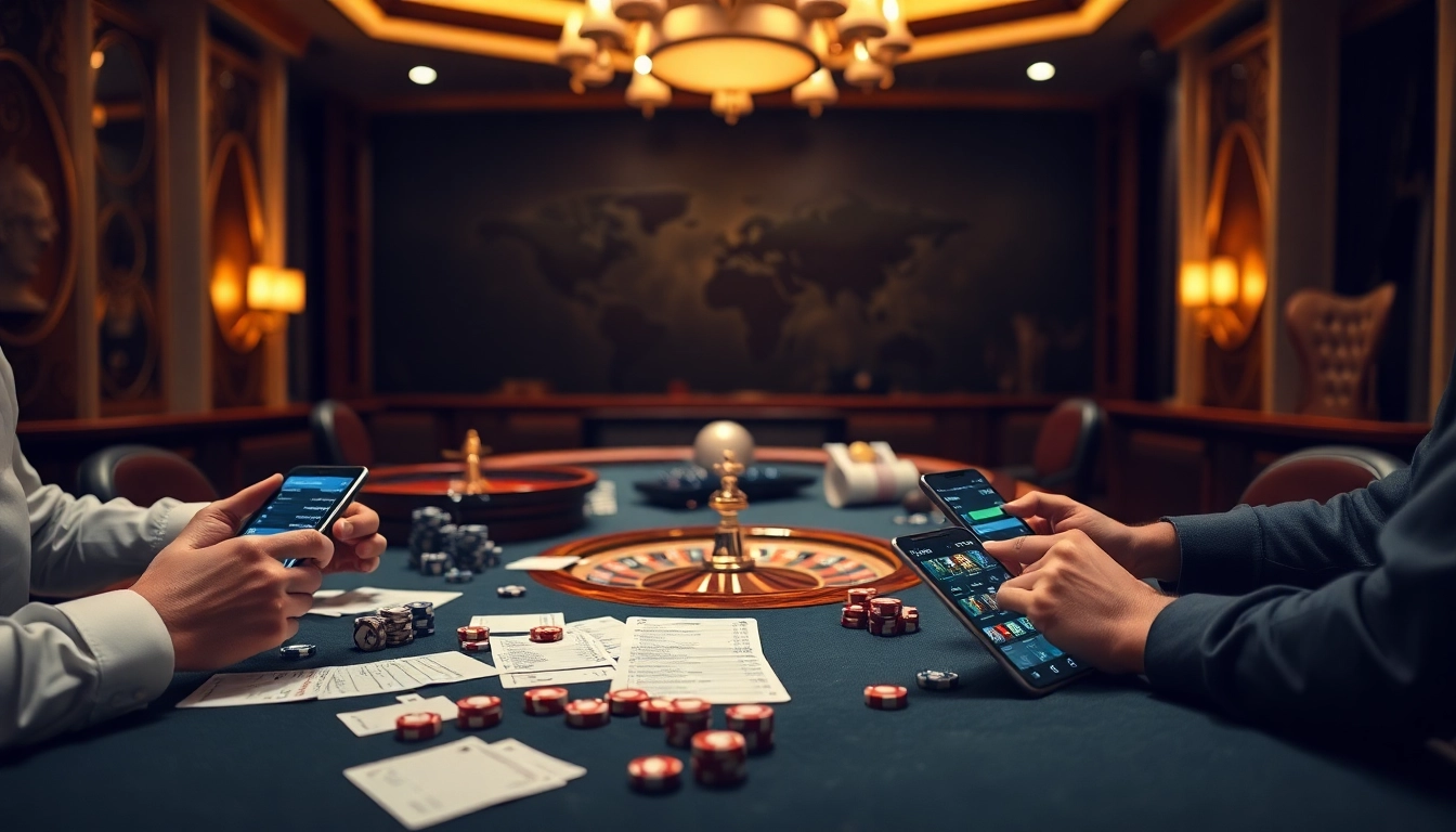 สมัครแทงบอล with advanced online betting interface surrounded by poker chips, dice, and excitement.