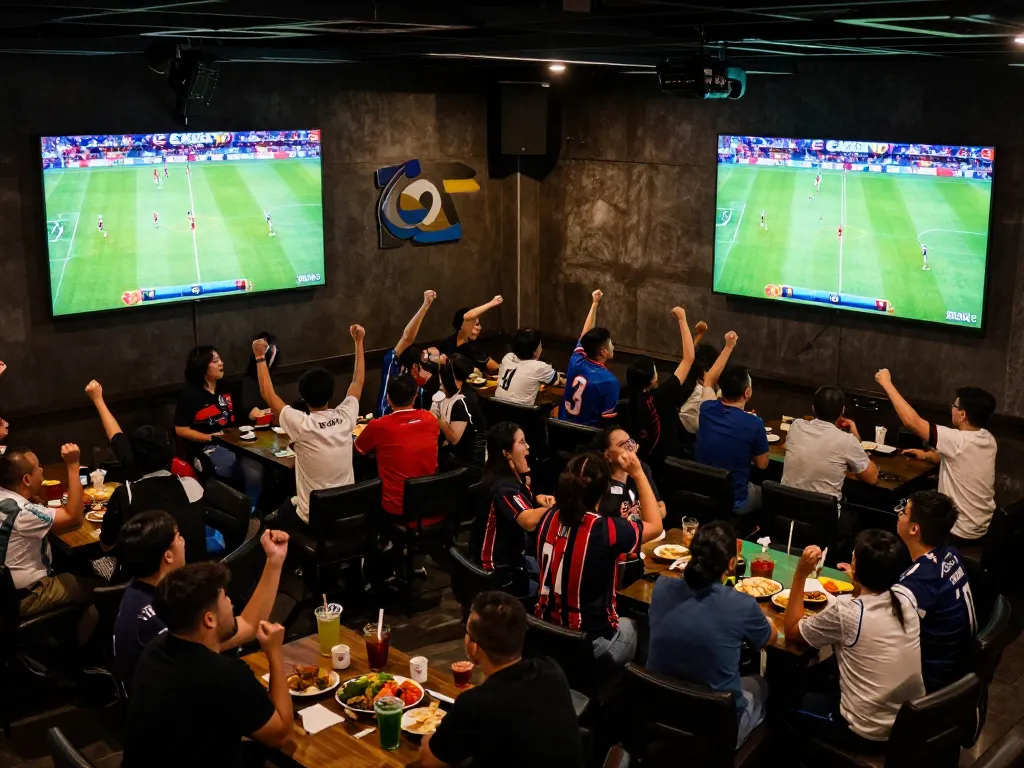 Cà Khịa TV sports betting scene, fans enjoying live football match in energetic sports bar.