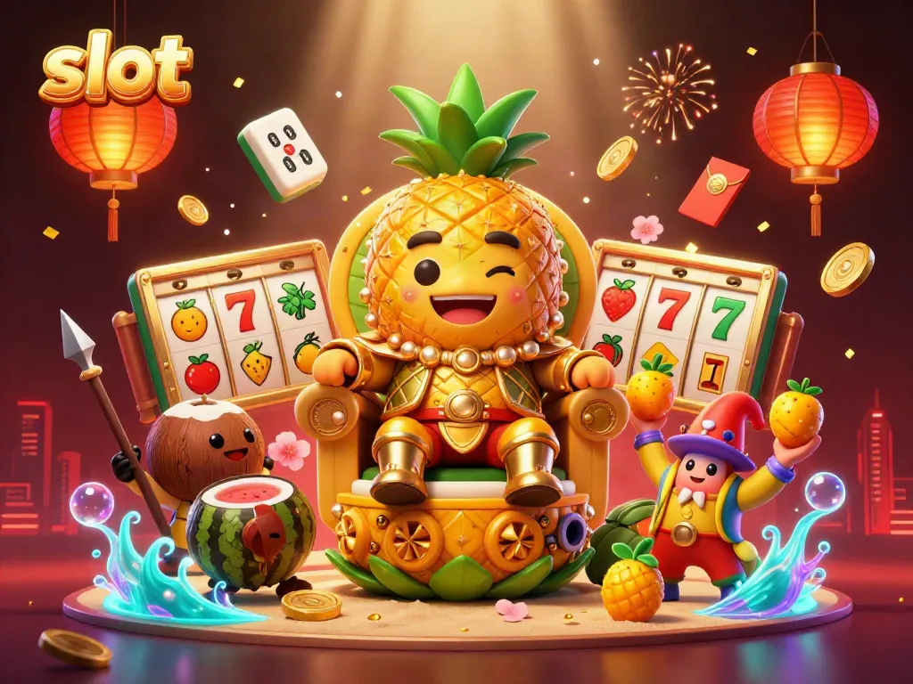 Mesin slot bergambar raja nanas emas di kasino pantai meriah dengan simbol keberuntungan dan koin giok.