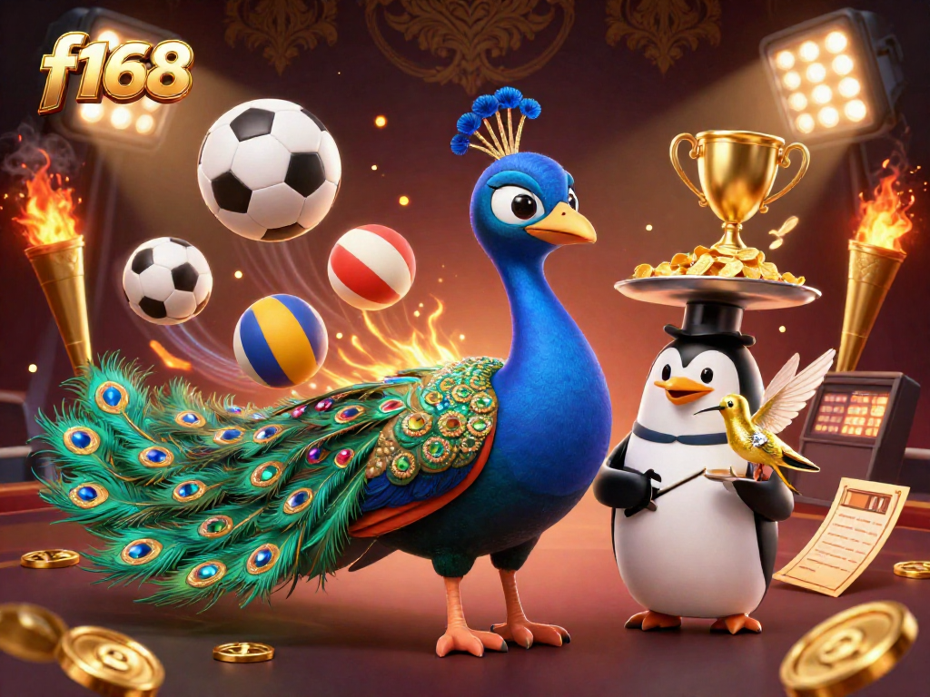 Experience f168's vibrant gaming scene with a dazzling peacock, chips, and sports elements.