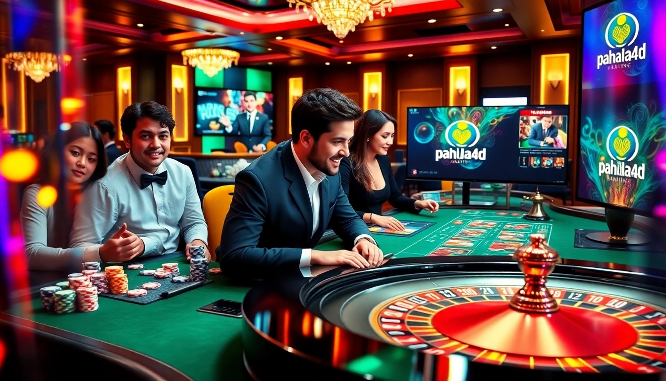 Pahala4d players enjoying a thrilling casino game at an elegant table with poker chips and a roulette wheel.