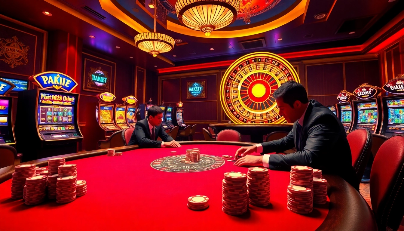 Experience the thrill of pg88.vip at a luxurious casino with poker tables and vibrant slot machines.
