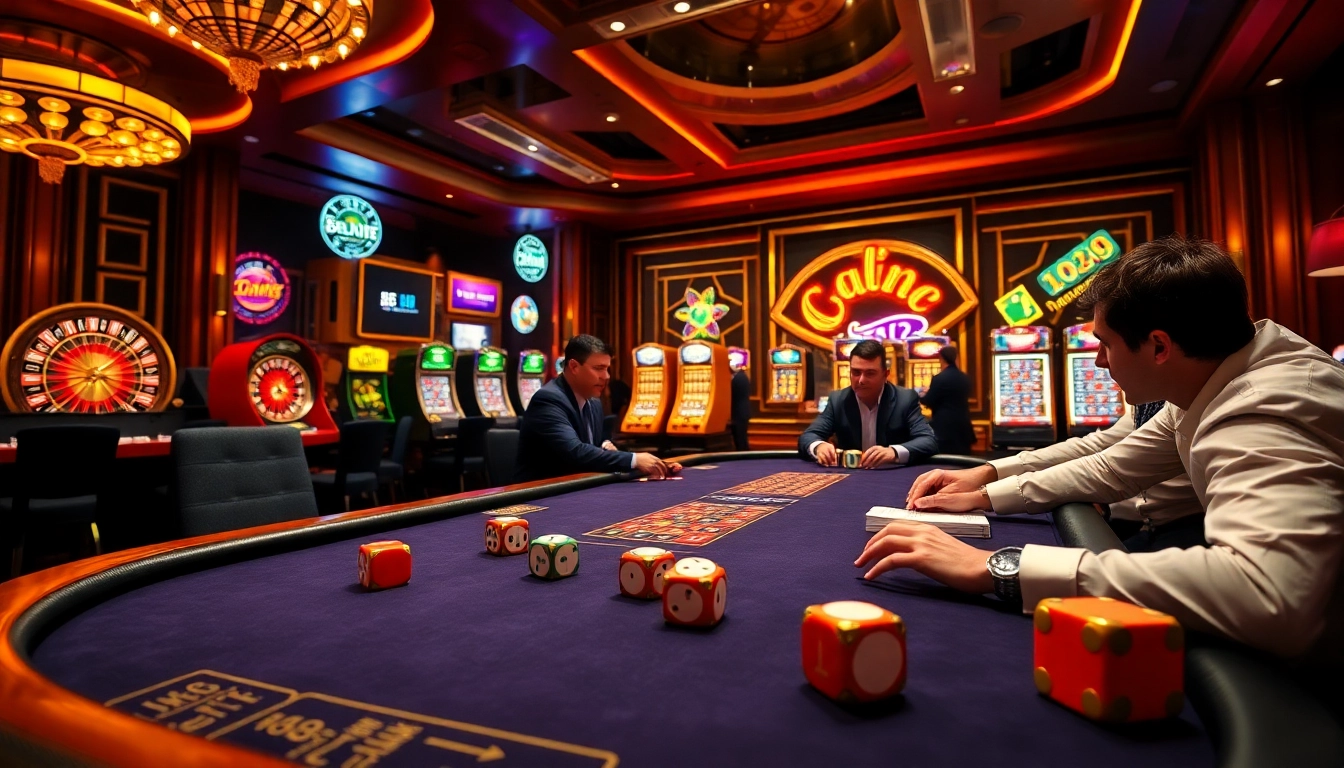 Experience high-stakes gambling at LC88's luxurious poker table with vibrant casino elements.