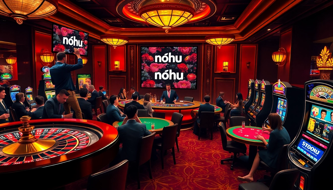 Excited gamblers at nohu casino engage in roulette and poker, showcasing a vibrant gaming atmosphere.