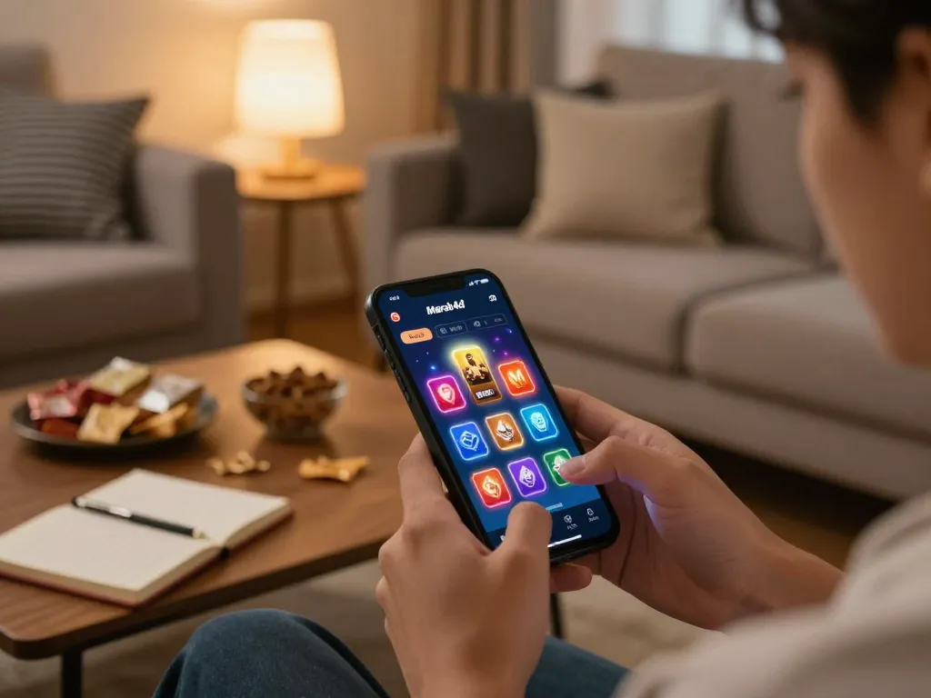 Pemain menggunakan aplikasi merah4d di smartphone mereka sambil menikmati camilan dalam suasana rumah yang nyaman.