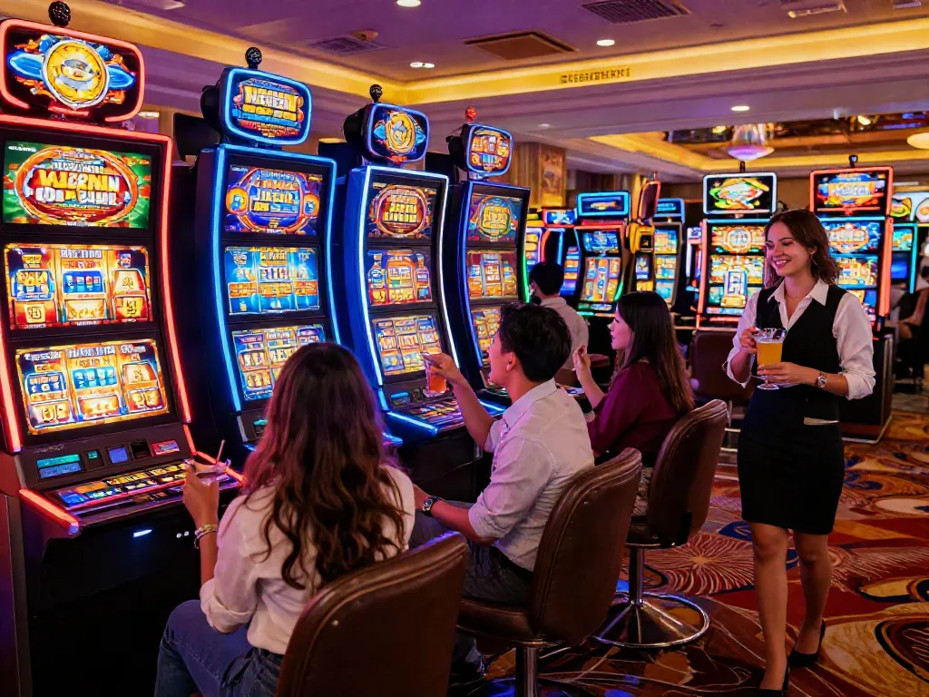 Friends celebrating big wins at Lucky777 slot machines in a vibrant casino.