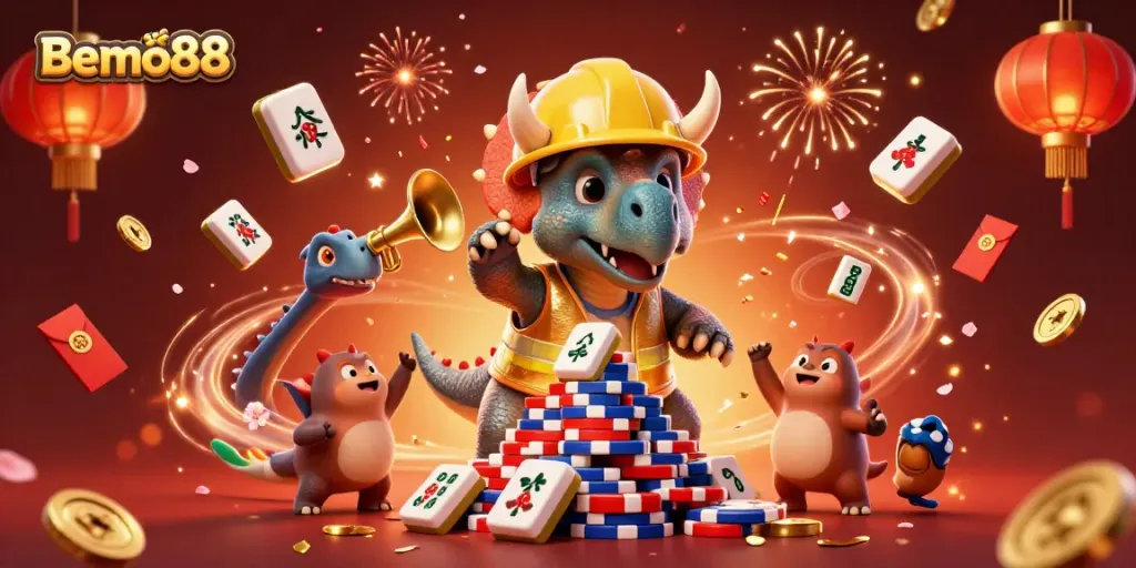 Bemo88 showcases vibrant excitement as a triceratops builds a poker chip pyramid in a lively casino setting.