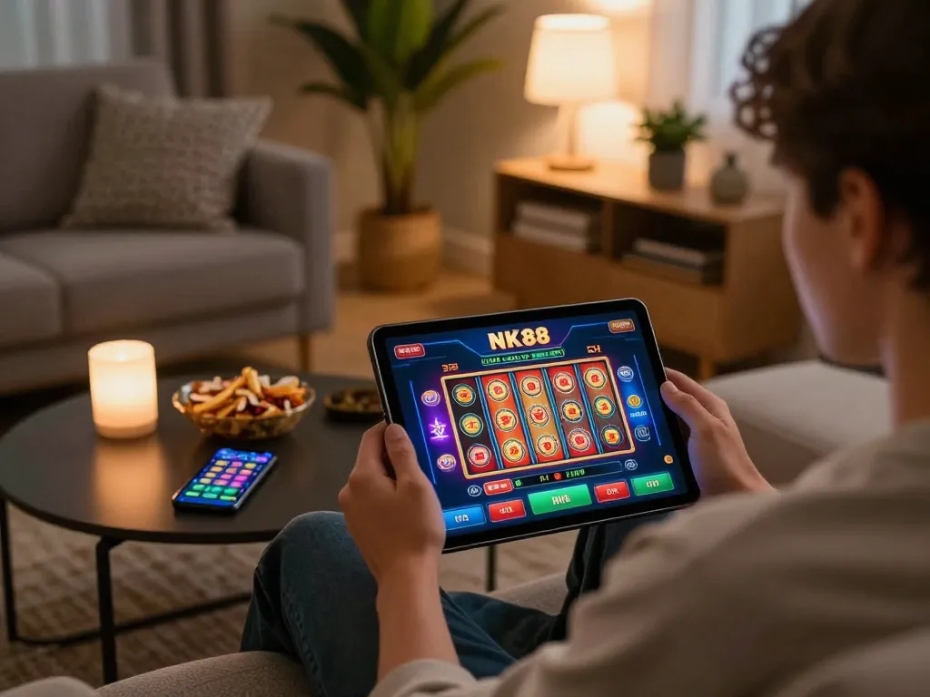 Engaged player exploring NK88 casino app on tablet in a cozy home environment.