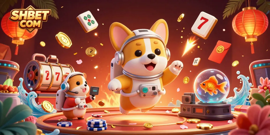 Experience vibrant gaming at SHBET COM with a floating astronaut corgi and fun casino elements.
