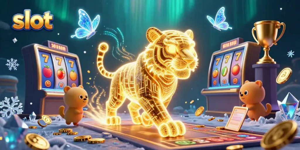 Experience thrilling slot action with a neon tiger amidst dynamic casino elements and lucky symbols.
