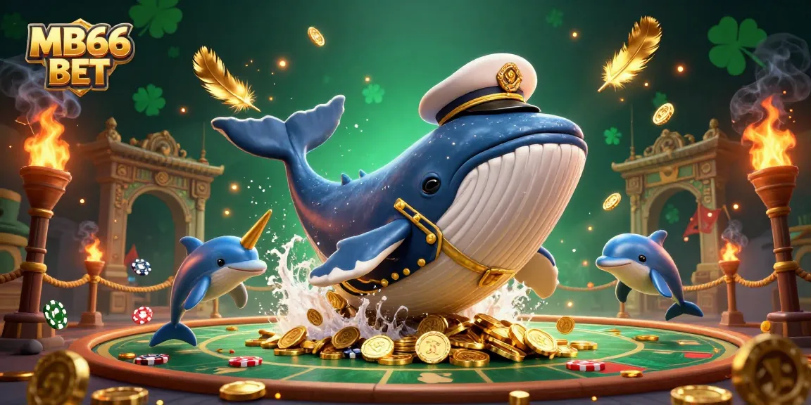 Experience unforgettable wins at MB66 BET with playful dolphins and a majestic whale in a vibrant casino sea.