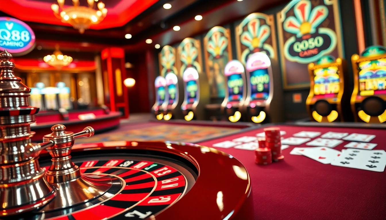 Experience the excitement of QQ88 gaming with luxurious casino tables and vibrant atmosphere.