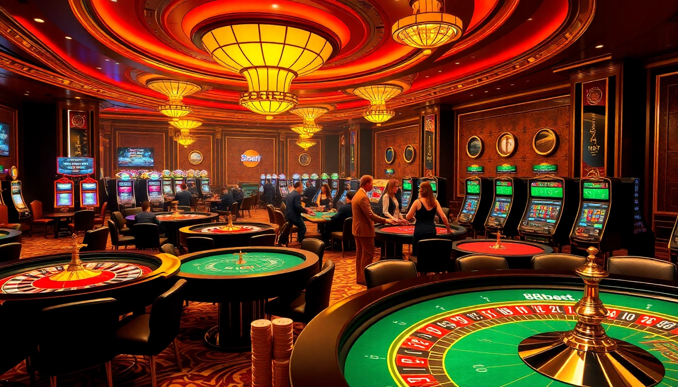 Engaging scene of players enjoying thrilling games at 88bet casino with roulette wheels and poker tables.