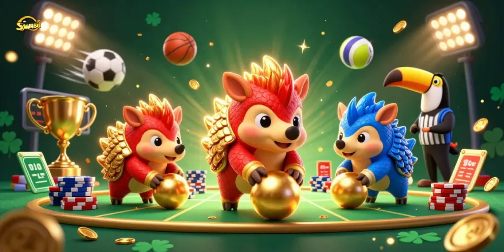 SAWA888 features playful pangolin rivals in a vibrant casino-themed showdown, showcasing dynamic action.