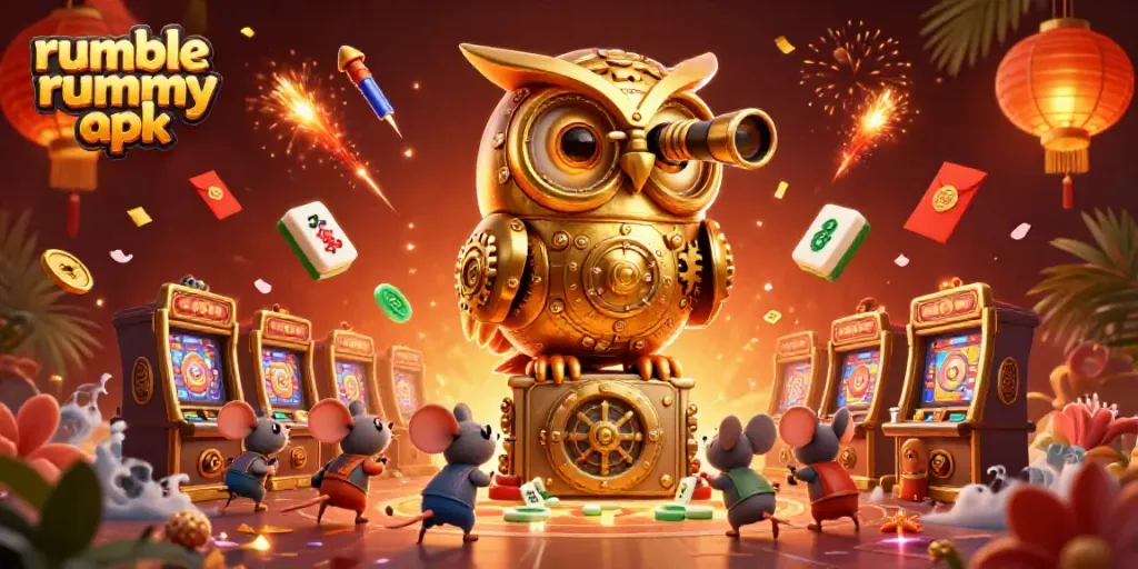 Join the fun with the Rumble Rummy APK, featuring a whimsical golden owl in a vibrant casino scene.
