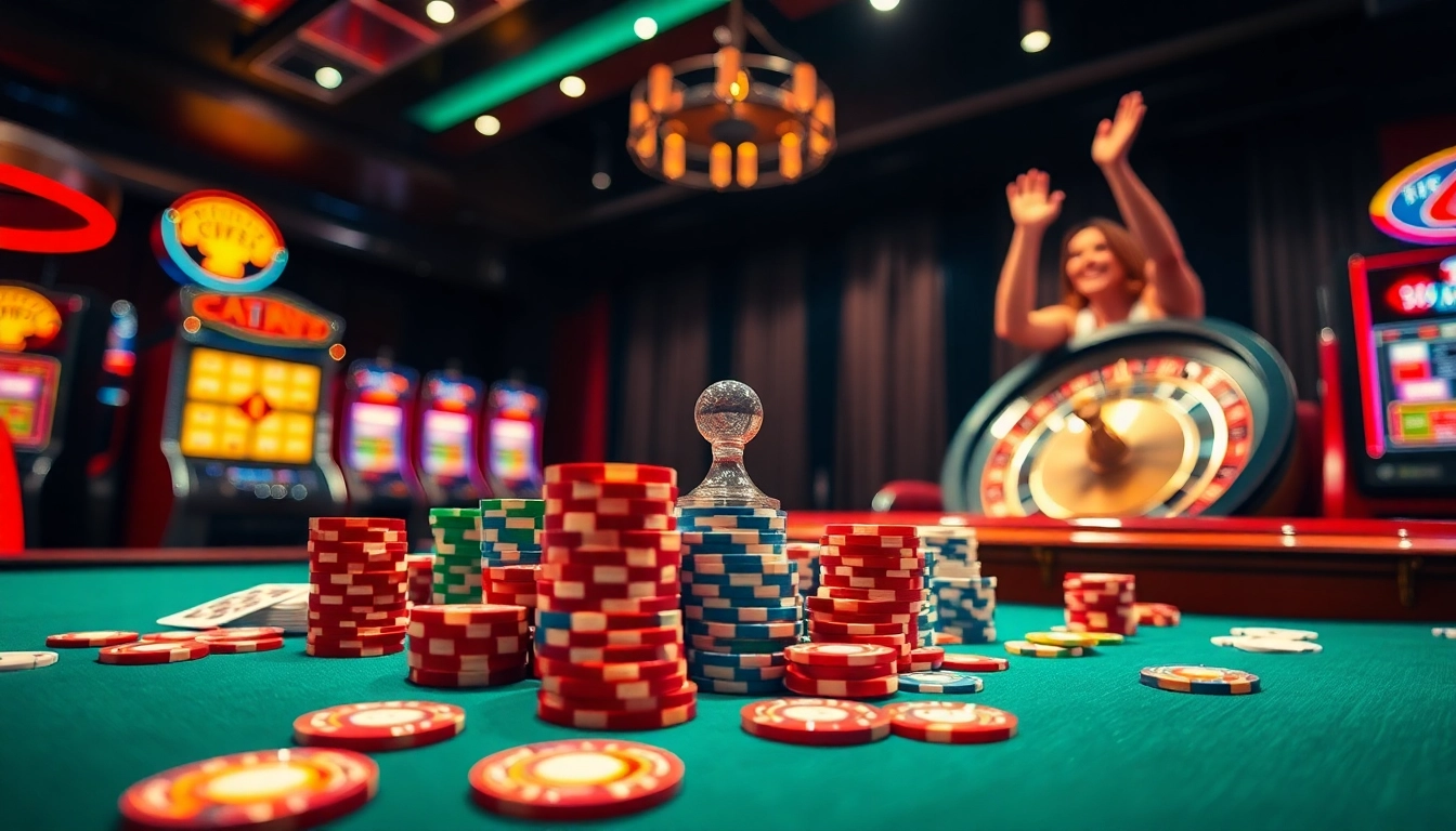 Experience the thrilling action of 8Xbet with vibrant casino visuals of poker chips and a roulette wheel.