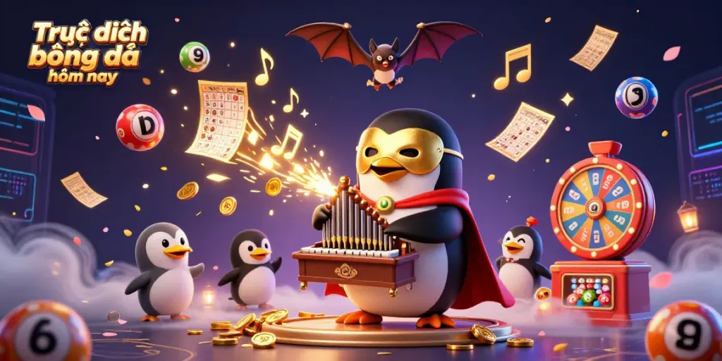 Experience Trực tiếp bóng đá hôm nay in an illustrated scene featuring a penguin playing a pipe organ amidst dynamic lottery elements.