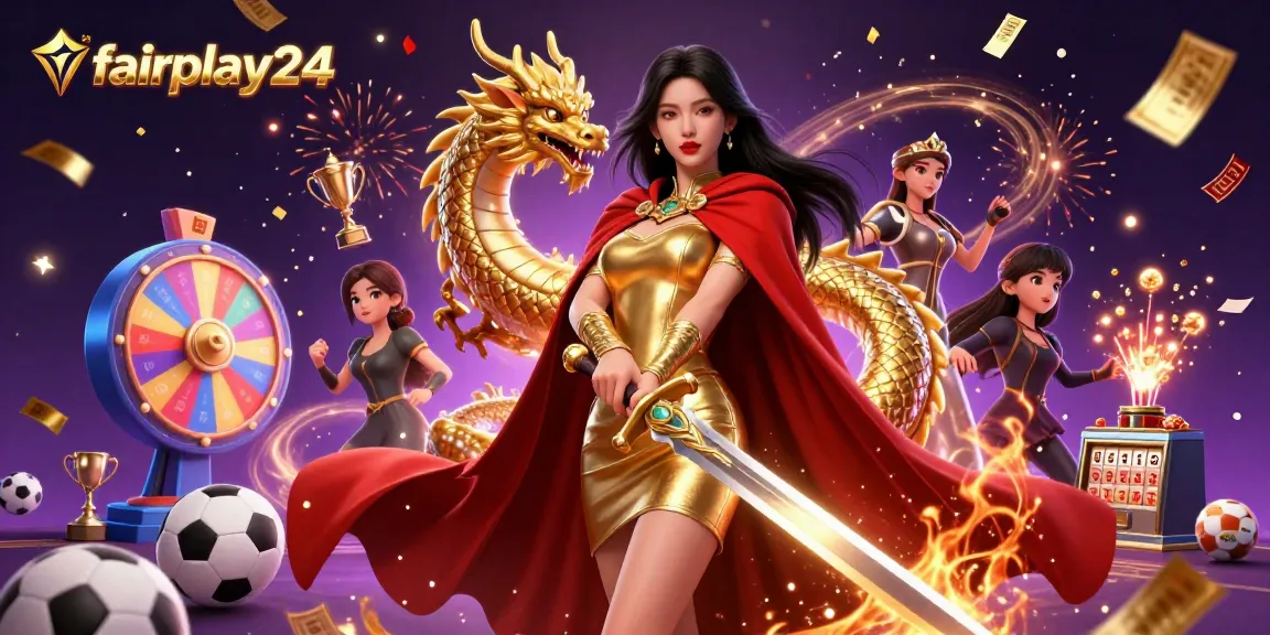 Engage with fairplay24's thrilling sports betting experience, showcasing a powerful warrior queen amid dynamic betting elements.