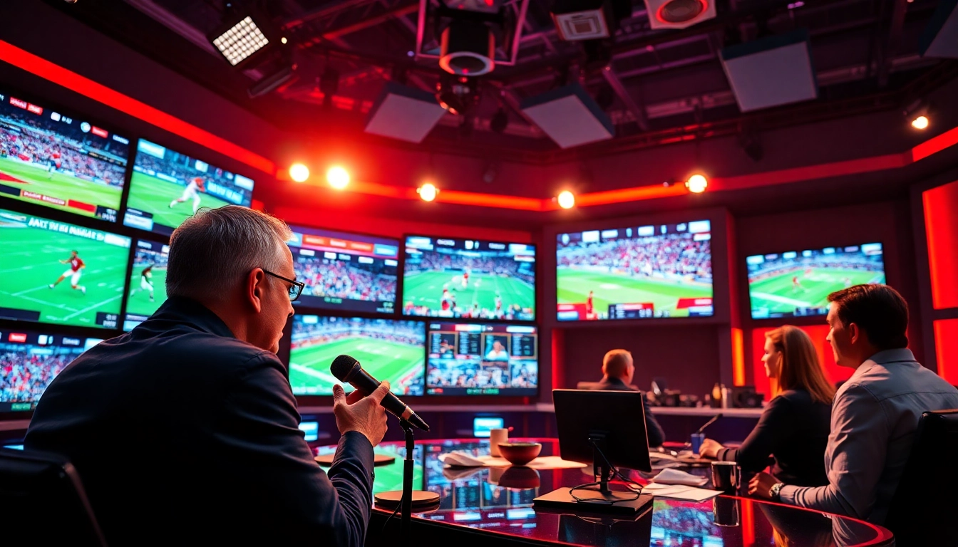 Dynamic scene of sports broadcasting with hosts discussing major events and vibrant graphics.