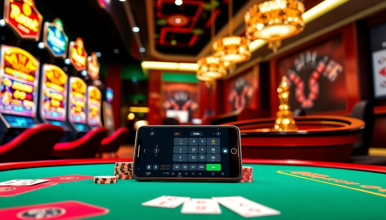 Experience gaming excitement with RR88 App interface on a luxurious casino table.