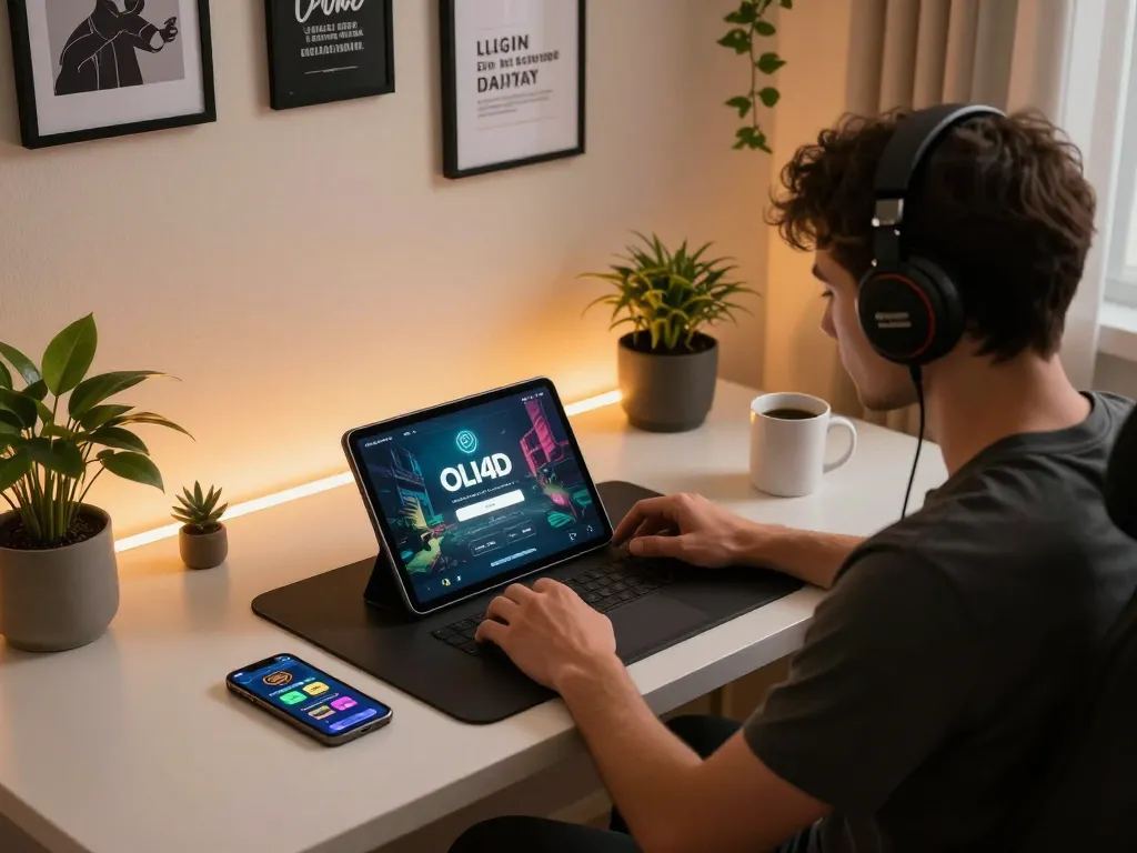 Online user engaging with OLI4D login on a tablet in a cozy, stylish home workspace.